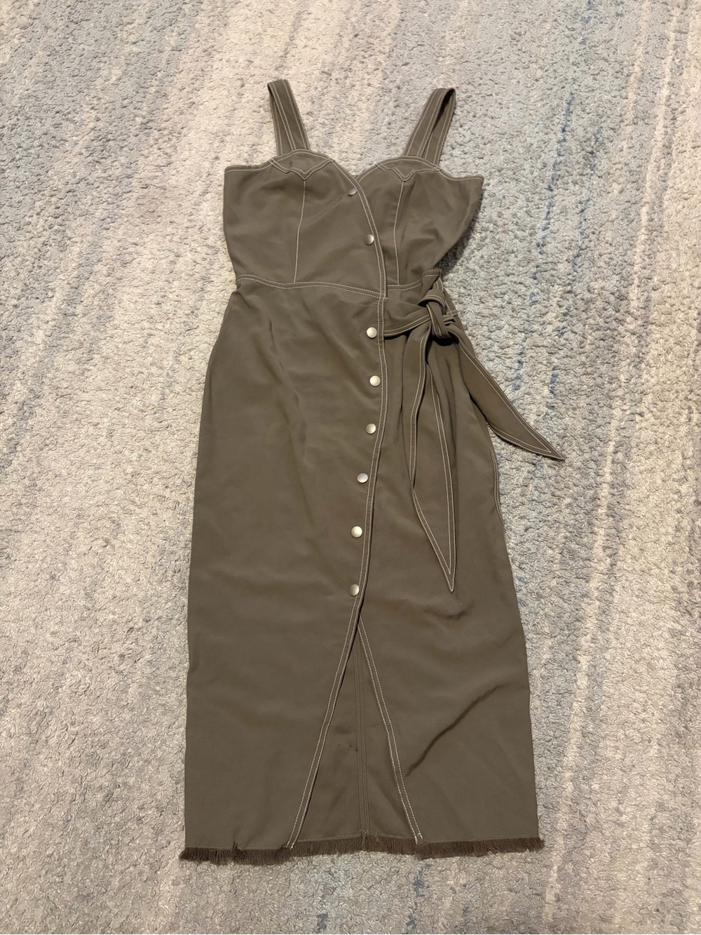 ASM ANNA Western Midi Dress Size M Olive Green Snap Front Contrast Stitch Raw